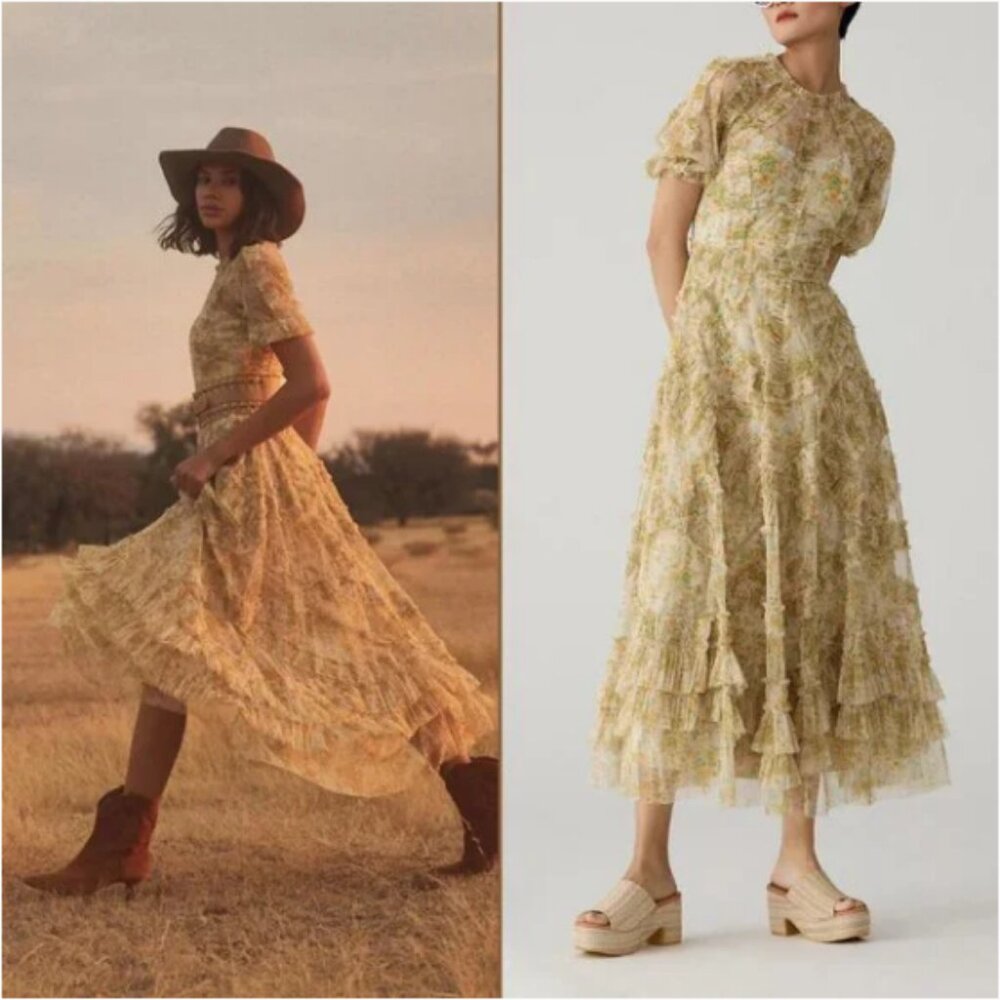 MAC DUGGAL Yellow Floral Mesh Puff Sleeve Boho Glam Dress; NWT; Size 14